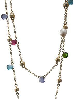 36" INCH, FRESH WATER PEARLS, SATIN GOLD & MULTI COLOR CRYSTALS NECKLACE